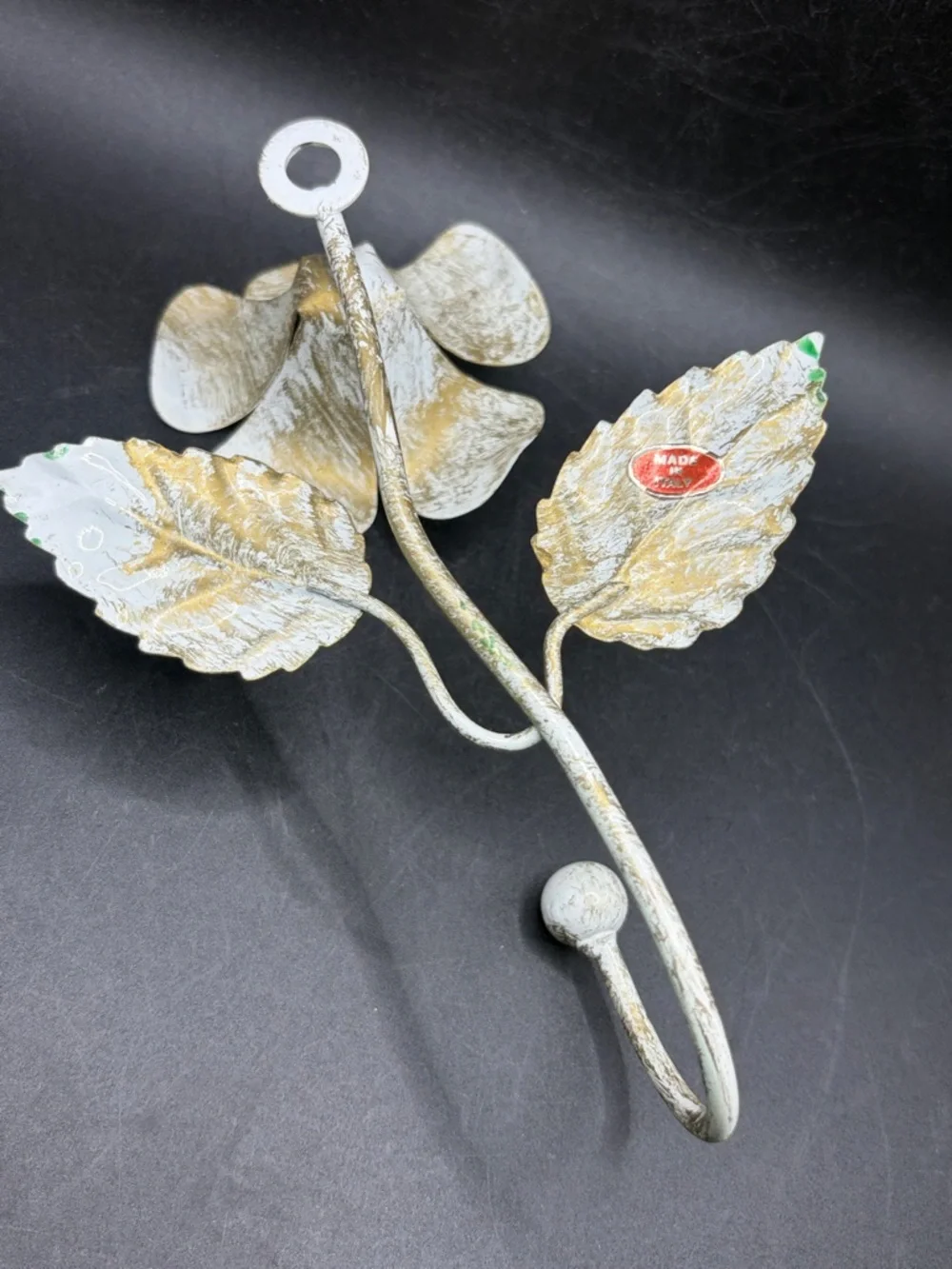 Vintage Hand Painted Italian Tole Toleware Floral Flower Wall Hook Hanger Decor